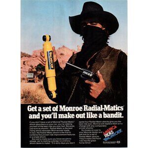 1979 Monroe Radial Matics Shocks Vintage Print Ad Old West Bandit 70s Wall Art